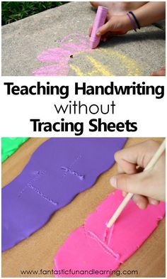 two photos with the words teaching handwriting without tracing sheets and hand writing on them