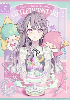 an anime character with long hair holding a cake in front of her and two other characters behind her