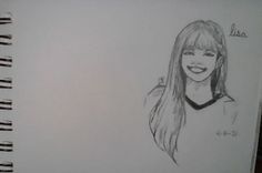 a pencil drawing of a girl with long hair and bangs on her face, smiling at the camera