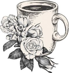 a coffee cup with flowers on the side