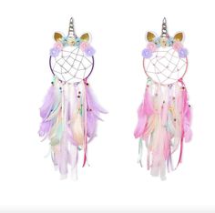 two pictures one with a unicorn head and the other with a dream catcher on it