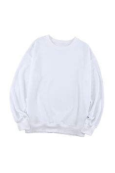 White Plain Crew Neck Pullover Sweatshirt White Plain Winter Tops, White Cotton Drop Shoulder Sweater, White Drop Shoulder Cotton Sweater, White Relaxed Fit Crew Top, White Relaxed Fit Basic Sweater, White Cotton Sweatshirt With Drop Shoulders, White Cotton Drop Shoulder Sweatshirt, White Drop Shoulder Winter Top, White Drop Shoulder Tops For Winter