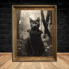 a black and white photo of a cat in a frame on a wooden floor next to a brick wall