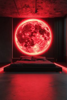 a bed in a room with red lights on the wall and a large moon above it