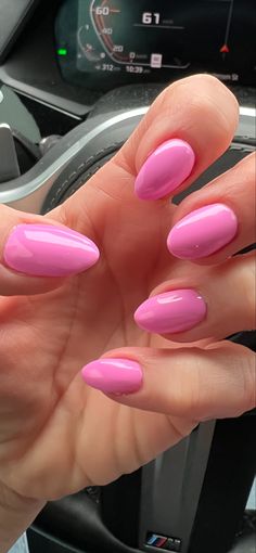 Cute Basic Pink Nails, Nails Plan Color, Pink April Nails, Plane Color Nails, Pink Almond Dip Nails, Bright Light Pink Nails, Almond Nails Plain Colors, Bubble Gum Pink Almond Nails, Cute Vacay Nails