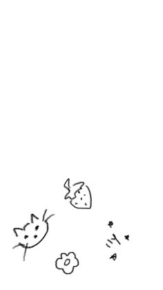 a black and white drawing of two cats chasing after a strawberry