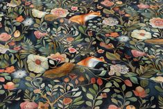 an image of a floral wallpaper with foxes and flowers on black background for use in fabrics or upholstering