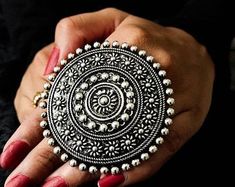 Oxidized Silver Ring Bollywood Style Adjustable finger Ring Indian Traditional Ethnic Ring #IndianJewelry #StatementRings #Ring #GiftForWife #BollywoodRing #HandmadeRing #GiftForHer #IndianRing #SilverRing #BollywoodJewelry Hippie Chic Jewelry, Ring Indian, Soldered Jewelry, Oxidized Silver Rings, Hippie Rings, Vintage Bohemian Style, Filigree Pattern, Rings Collection, Bollywood Style