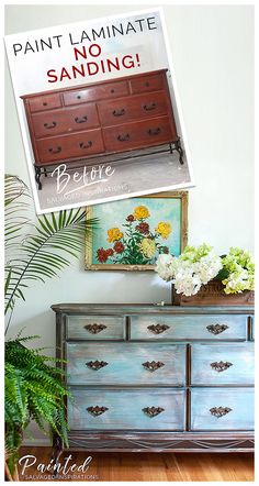 an old dresser has been transformed into a decorative piece with paint and no sanding