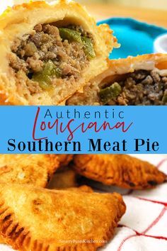 some meat pies are sitting on a blue and white towel with the words authentic southern meat pie