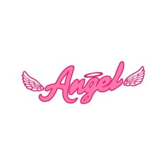 the word angel with wings in pink on a white background