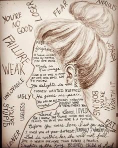 a drawing of a woman's head with words written on it