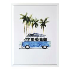 a watercolor painting of a blue van with surfboards on top and palm trees in the background