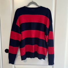 Size M/L Red And Navy Blue Stripes Brand New Condition Winter Red Tops With Contrast Stripes, Red Tops With Contrast Stripes For Winter, Casual Blue Sweater With Contrast Stripes, Navy Casual Sweater With Contrast Stripes, Red And Navy Blue Outfit, Red Striped Sweater, Red Shirt, Striped Sweater, Stripe Sweater