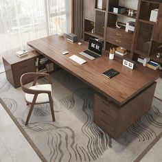 a wooden desk sitting in front of a window next to a chair and bookshelf