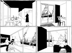 a comic strip with people in the living room and one person looking at something on the table