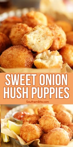 sweet onion hush puppies on a plate with dipping sauce