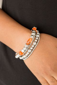 Mismatched silver beads and glassy orange beads are threaded along stretchy bands, creating colorful layers across the wrist.

 Sold as one set of four bracelets. Orange Jewelry, Clean Fashion, Orange Bracelet, Orange Necklace, Paparazzi Accessories, Stretchy Bracelets, Paparazzi Jewelry, Precious Jewelry, One Set