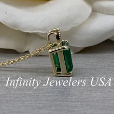 "The pendant pictured is a lab created emerald and diamond #6648 -Approximate total carat weight: approx. 2.55ctw diamond equivalent -Center Stone Size: 9x7mm - approx. 2.50ct diamond equivalent -Center Stone Shape: emerald cut -Gem Type: lab created emerald -Stone Clarity: VS2 -Stone Color: Green -Moh's Scale: 8.5 hardness -Accent Stone Size: round approx. 0.04ct. diamond equivalent -Gem Type: genuine diamond -Stone Clarity: SI1 -Stone Color: G -Moh's Scale: 10 hardness -Metal Type and Purity: Formal Gia Certified Emerald Necklace, Gia Certified Green Necklace For Formal Occasions, Green Gia Certified Fine Jewelry Necklace, Formal Green Gia Certified Necklace, Gia Certified Yellow Gold Necklace For Anniversary, Classic Emerald Necklace For Formal Occasions, Classic Emerald Pendant Necklace With Prong Setting, Classic Emerald Cut Emerald Necklace With Prong Setting, Classic Emerald Cut Necklace With Prong Setting