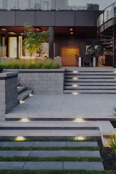 an outdoor area with steps, plants and lights