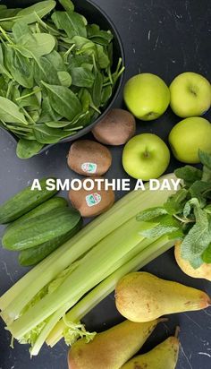 there are many different fruits and vegetables on the table with text overlay that reads, a smoothie a day