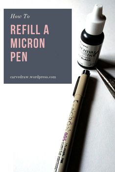 a pen and some scissors sitting on top of a white table with the words how to refill a micron pen