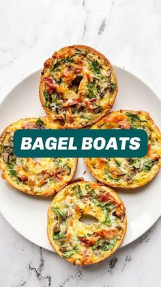 bagel boats on a plate with the words bagel boats over it and four different types of breads