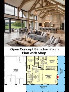 an open concept barndominium plan with shop