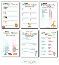 four baby shower games with names and pictures for each child's name, which are also