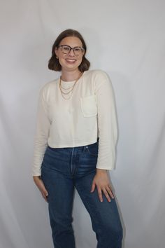 Everyday and simple cream ribbed knit top with long sleeves, cropped fit, and front pocket details details & fit: fits true to size. 64% cotton, 30% polyester, 6% spandex measurements: small: bust 36"/ waist 36"/ length 17.5" medium: bust 38"/ waist 38"/ length 18" large: bust 40"/ waist 40"/ length 18.5" model details: model is 5'7" and wearing size small Everyday Long Sleeve Cropped Sweater For Spring, Beige Long Sleeve Cotton Crop Top, Cream Cropped Crop Top For Fall, Everyday Fall Cotton Crop Top, Everyday Cotton Crop Top For Fall, Long Sleeve Ribbed Cotton Crop Top, Everyday Long Sleeve Crop Top For Fall, Casual Cropped Cream Sweater, Ribbed Knit Top