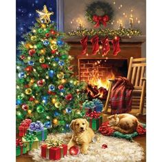 a dog and cat sitting in front of a christmas tree with presents on the floor