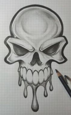 a pencil drawing of a skull with dripping eyes