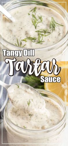 two jars filled with tartar sauce on top of a table