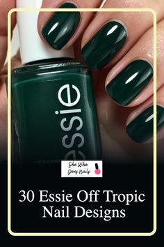 Essie Off Tropic Green Nail Polish is a very popular nail color, particularly around the holiday season. The eye-catching grove green shade has taken beauty gurus and fashionistas by storm, and we can see why! This deep, lush color provides an alluring contrast to any look. Whether you want to go for a bold statement or something more subtle, Essie Off Tropic Green Nail Polish is the way to go. Essie Off Tropic, Green Nail Polish Colors, Essie Green Nail Polish, Dark Green Nail Polish, Popular Nail Colors, Dark Green Nails, Manicure Colors, Classy Nail Designs