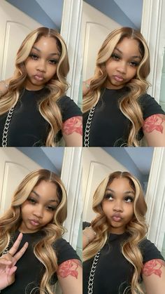 Honey Blonde Hair Half Up Half Down, Wig Install With Highlights, Blonde Hair Inspiration Black Women, Hairstyles For Burgundy Hair, Blonde Hair Gold Dress, Sew In With Blonde Streaks, Brown And Blonde Hair Wig, Fall Wig Colors Black Women Hair, Honey Blond Wigs