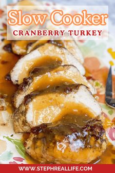 slow cooker cranberry turkey with gravy on the side and text overlay