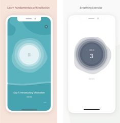 two smartphones with different buttons and numbers on the screen, one showing an app for meditation
