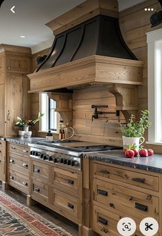 a kitchen with wooden cabinets and an oven