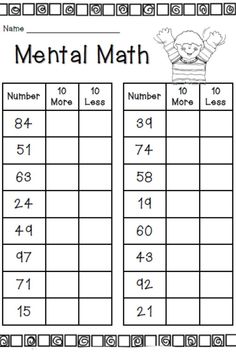 the printable worksheet for mental math is shown in this image, with numbers and