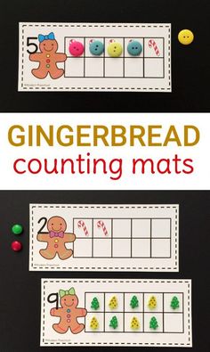 gingerbread counting mats with buttons and candy on the top, next to an image of ginger