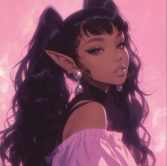 an anime character with long black hair and big earrings on her head, looking at the camera