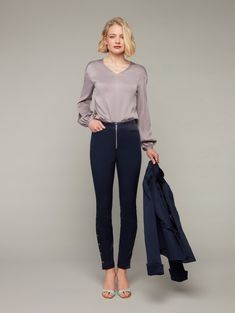 Cut to flatter from the highest quality stretch Eco Denim Cotton Twill, these high-waist slim-fitting skinny trousers are a must-have for any hard-working wardrobe - with all the properties you depend upon from jeans, the Dragonfly has much more to offer with its elongating silhouette & refined finishing.They skim through the leg & taper towards the ankle with metal buttons at the ankle sides both for their luxury features & functional ease of pulling those skinnies off. Style with buttons faste Statement Blouse, Simple Tees, Denim Cotton, Hard Working, Slim Waist, Active Wear Tops, Denim Dress, Cotton Twill, Jacket Dress