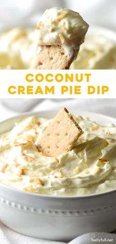 a bowl filled with coconut cream pie dip and a cracker in the middle to eat