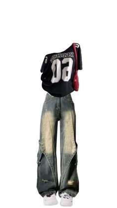 a person wearing jeans and a t - shirt with the number 55 on it