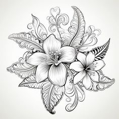 a bouquet of flowers with leaves and swirls in black and white on a light background