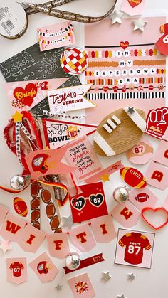 a pile of valentine's day cards and decorations