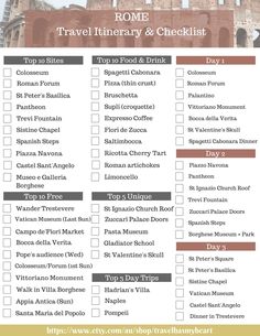 the rome travel itinerary and checklist is shown in this printable list