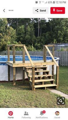 an above ground swimming pool with stairs