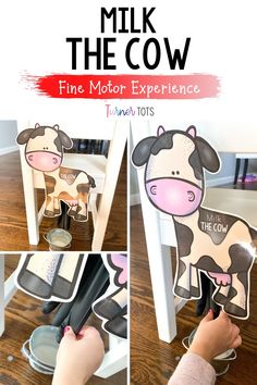 a collage of pictures showing how to make a milk cow cutout for a fine motor experience