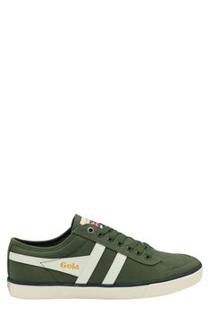 Contrasting stripes refine a comfy, versatile canvas sneaker set on a durable rubber sole. Lace-up style Textile upper and lining/rubber sole Imported Green Canvas Sneakers With Cushioned Footbed, Casual Cotton Sneakers With Rubber Waffle Outsoles, Green Canvas Sneakers Comfortable Style, Casual Green Cotton Sneakers, Green Canvas Shoes With Gum Sole, Green Cotton Canvas Shoes Sporty Style, Casual Textile Sneakers With Canvas Lining, Sporty Sneakers With Canvas Lining, Green Cotton Sneakers With Vulcanized Sole